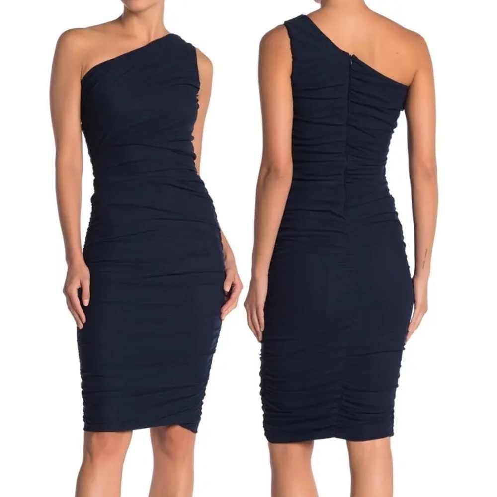 Nordstrom Navy Love X Design One Sleeve Fitted Midi Dress